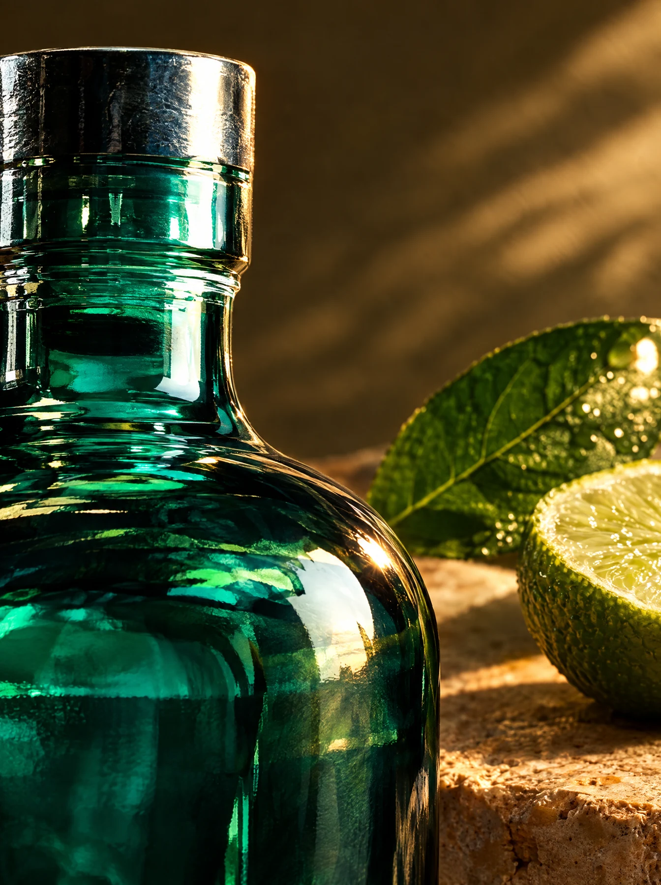 Detalle editorial del vidrio de gin Chelín con botánicos y cítricos
